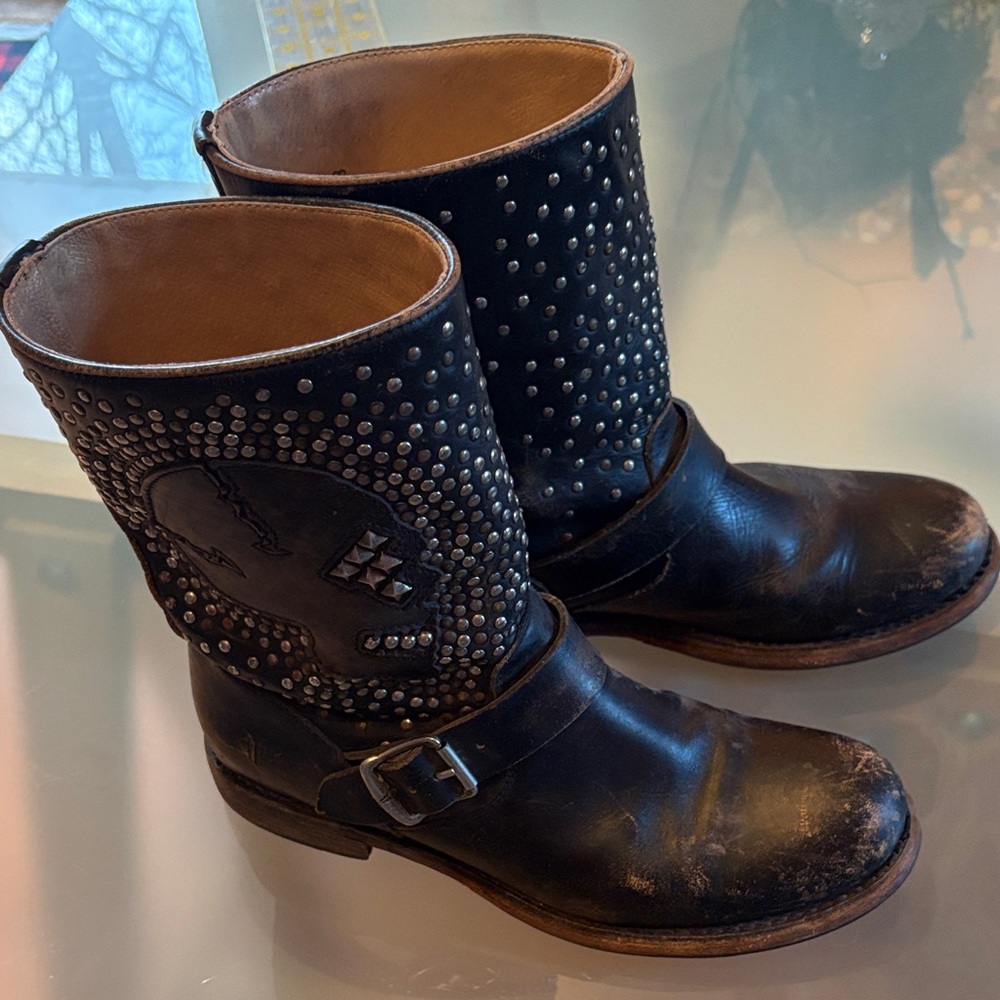 Frye Jenna Distressed Black Studded Leather Skull Boots